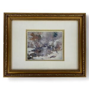 Framed Winter Landscape Painting Print in Gold Ornate Frame